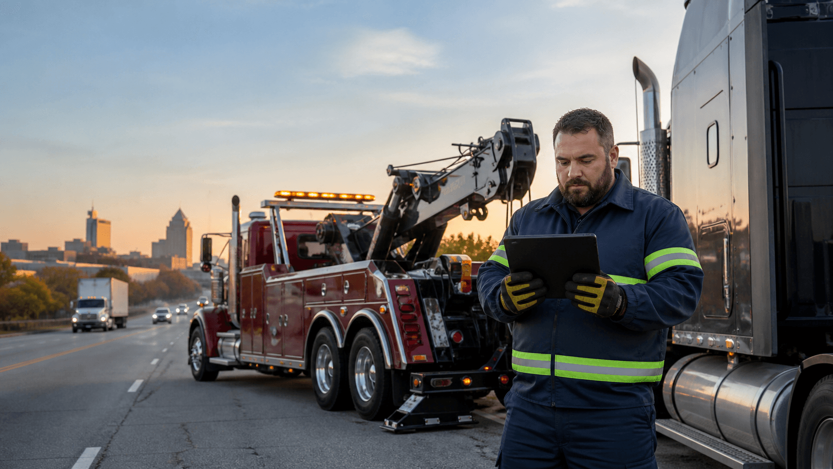 Heavy-duty tow truck hauling a large vehicle on a Raleigh road at sunset with warm orange sky.