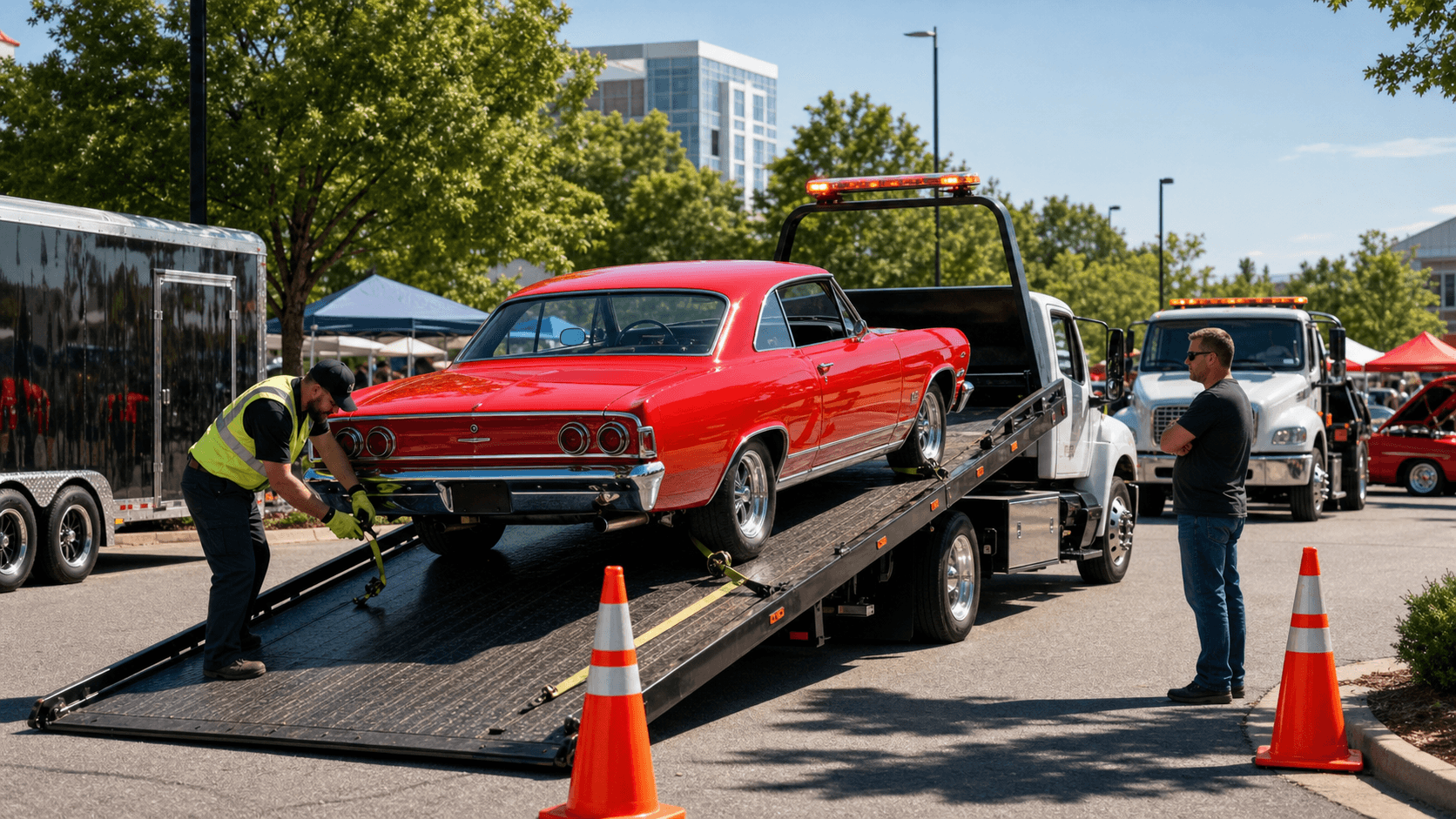 Red classic car on a flatbed tow truck at sunset, city skyline blurred in the background