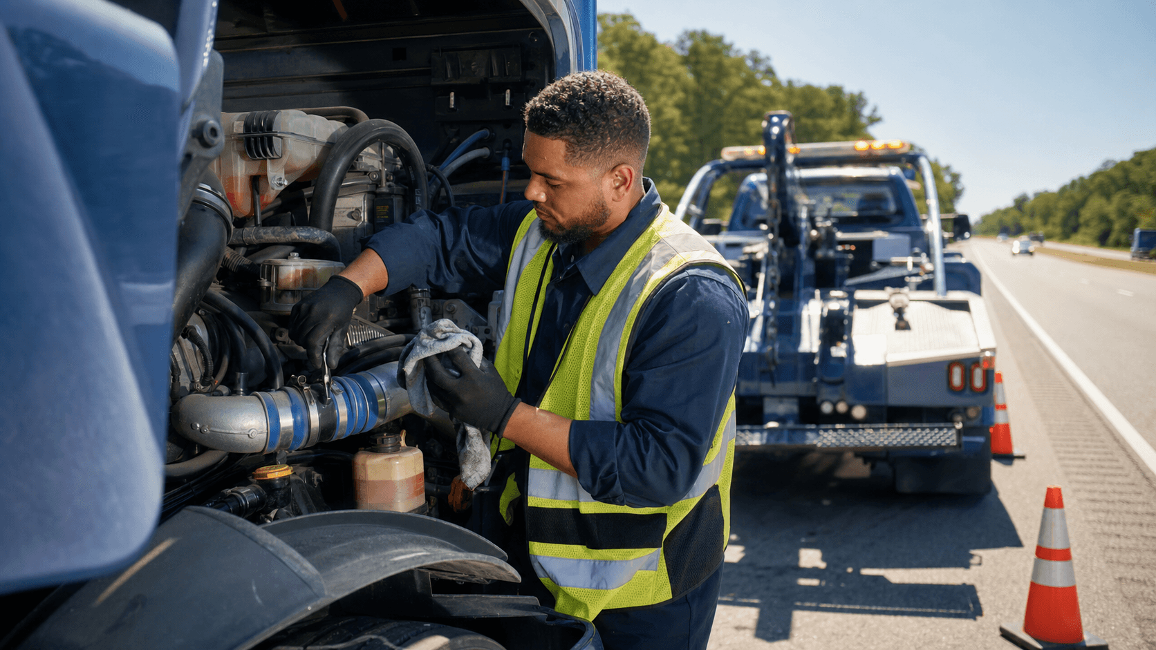 Mechanic in a sunlit outdoor lot repairs a semi-truck engine with tools, warm summer sky in the background