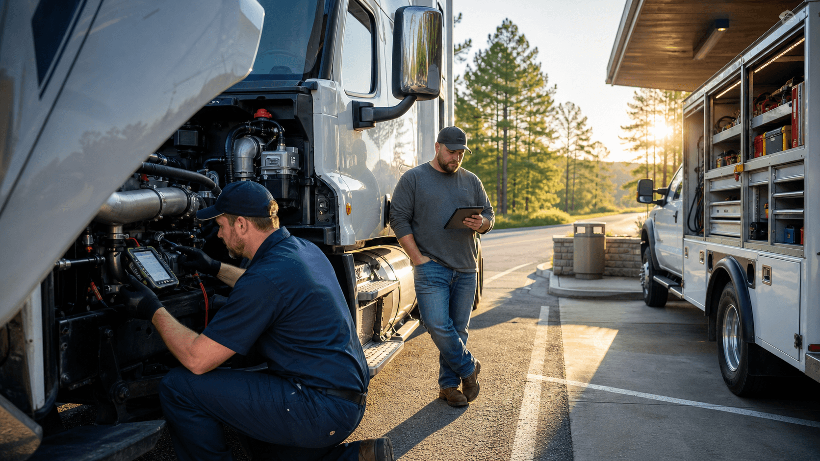Mechanic servicing a semi-truck engine beside a highway at sunset, with toolboxes and amber warning lights.