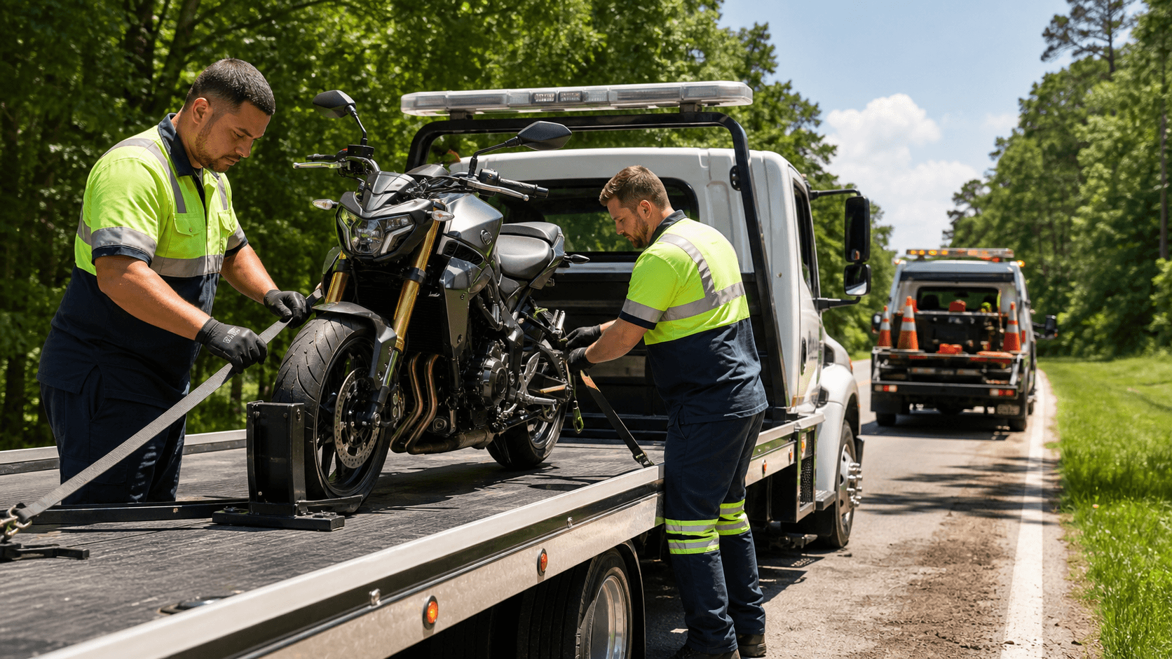 Sunlit motorcycle on a tow truck with green trees and a bright blue July sky in the background.