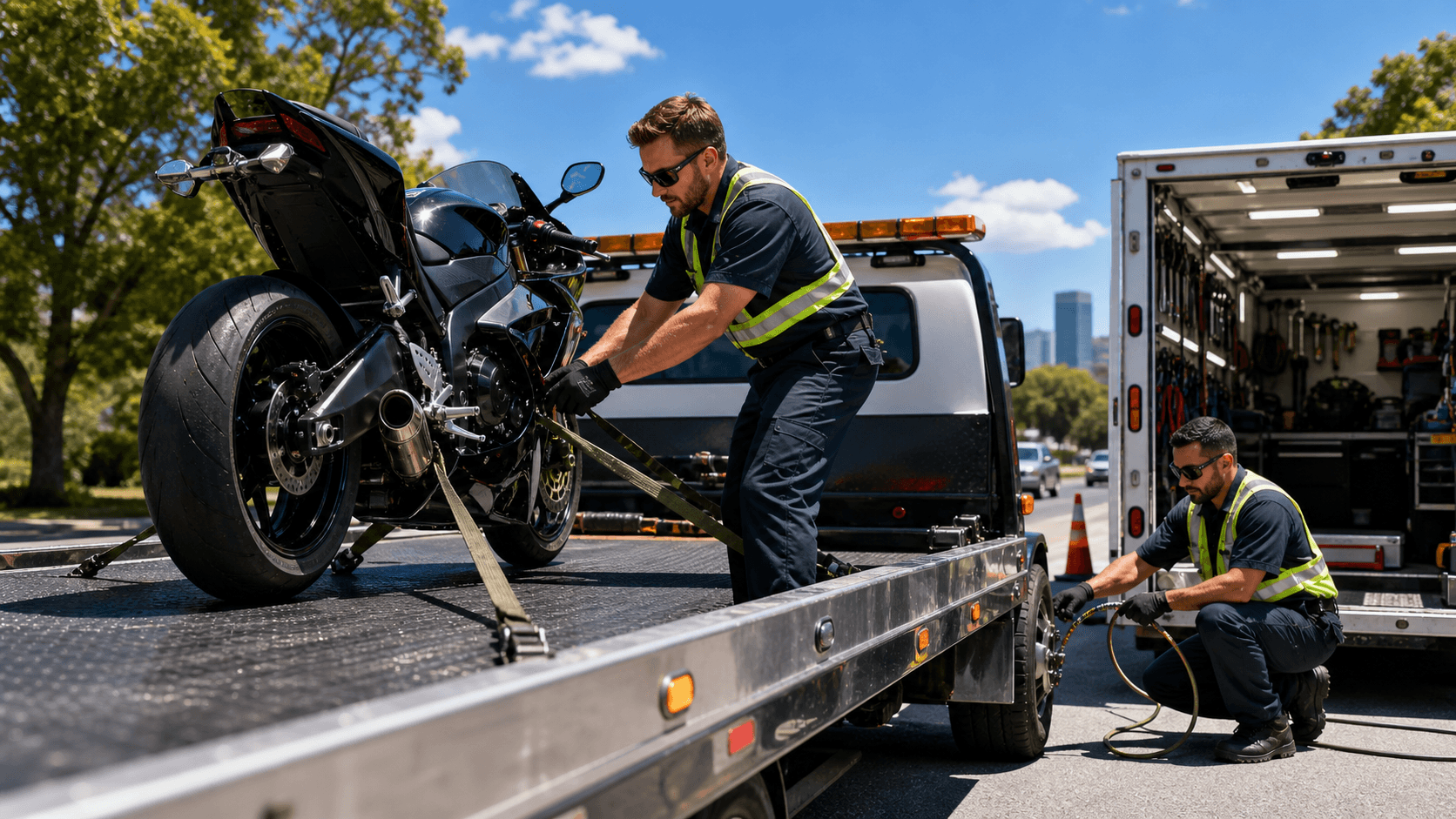 Motorcycle secured on an open trailer under bright summer sun, with green trees and a clear blue sky behind