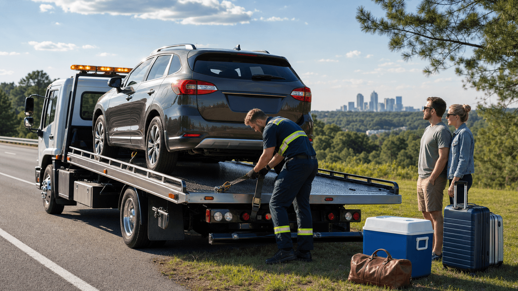 Red flatbed tow truck loading a blue car on a sunny highway, green trees and clear sky in the background