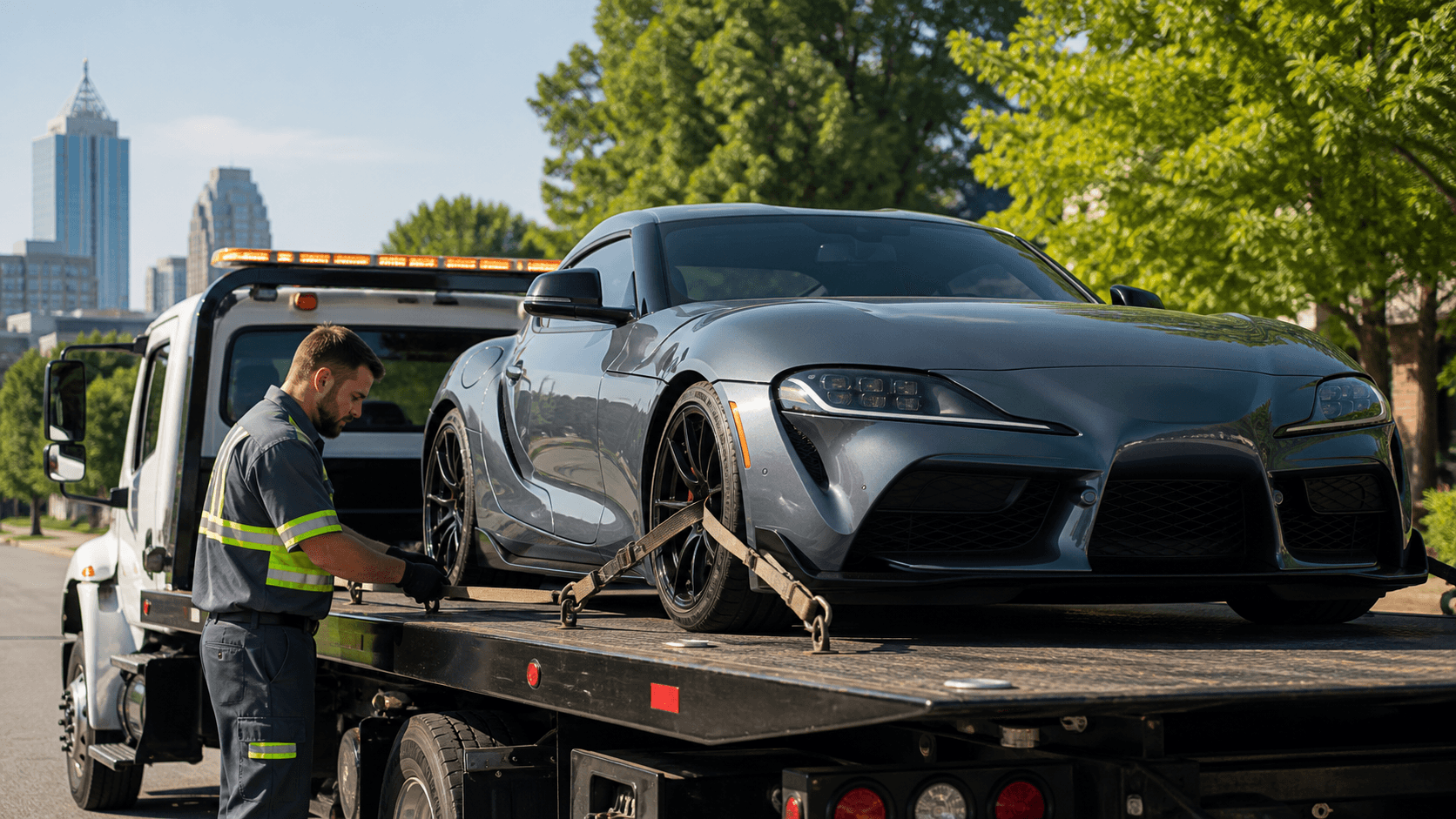 A low-clearance sports car secured on a flatbed tow truck under bright daylight.
