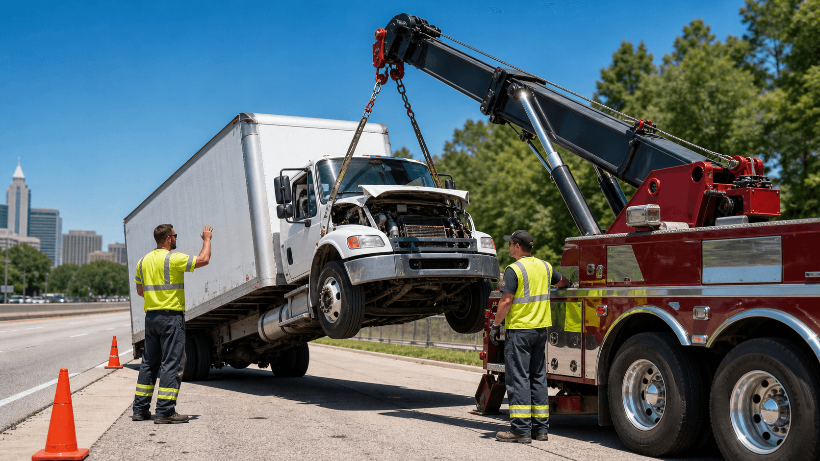 Heavy-duty tow truck hauling a stranded semi on a sunbaked highway beneath a blazing orange sky.